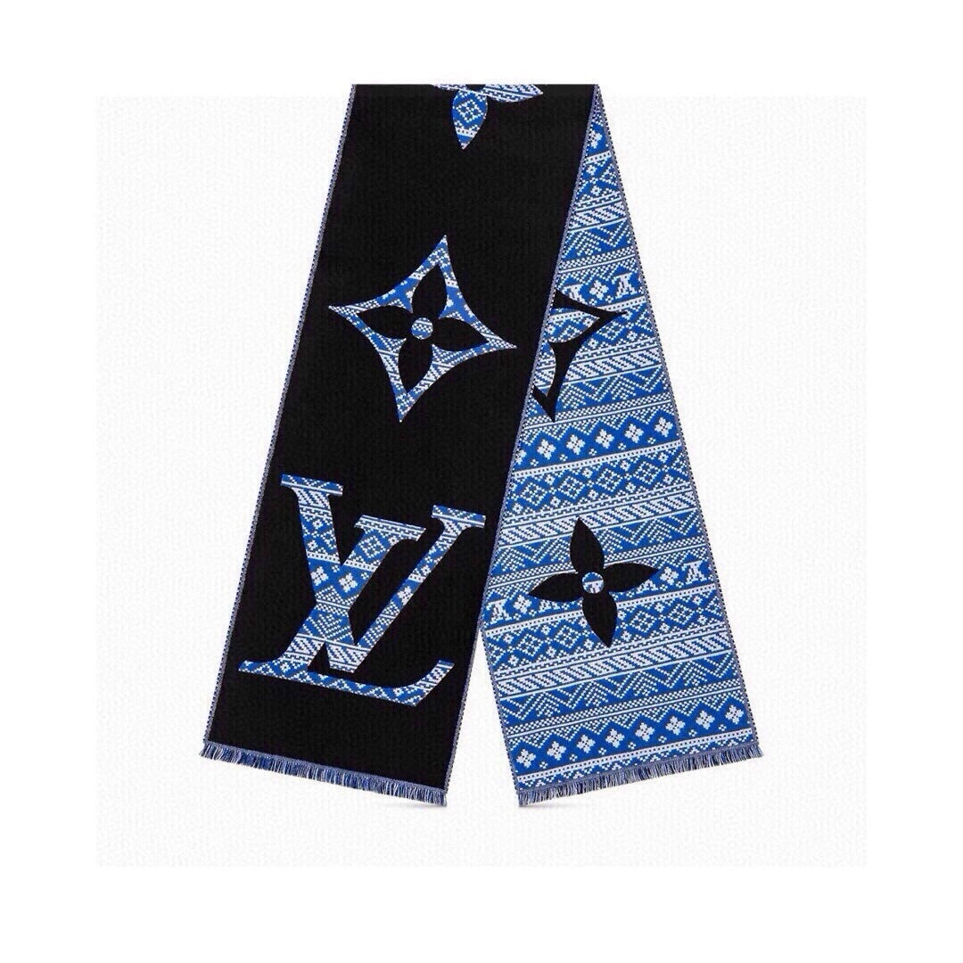 LOUIS VUITTON SCARF 200 CM IN BLACK MIX BLUE WOOL 390040