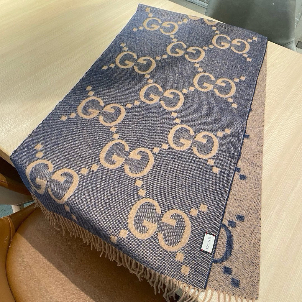 GUCCI JACQUARD PATTERN KNIT SCARF 195 CM WITH TASSELS PIGEON BLUE 403745