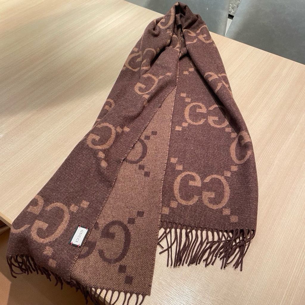 GUCCI JACQUARD PATTERN KNIT SCARF 195 CM WITH TASSELS CHESTNUT BROWN 403749