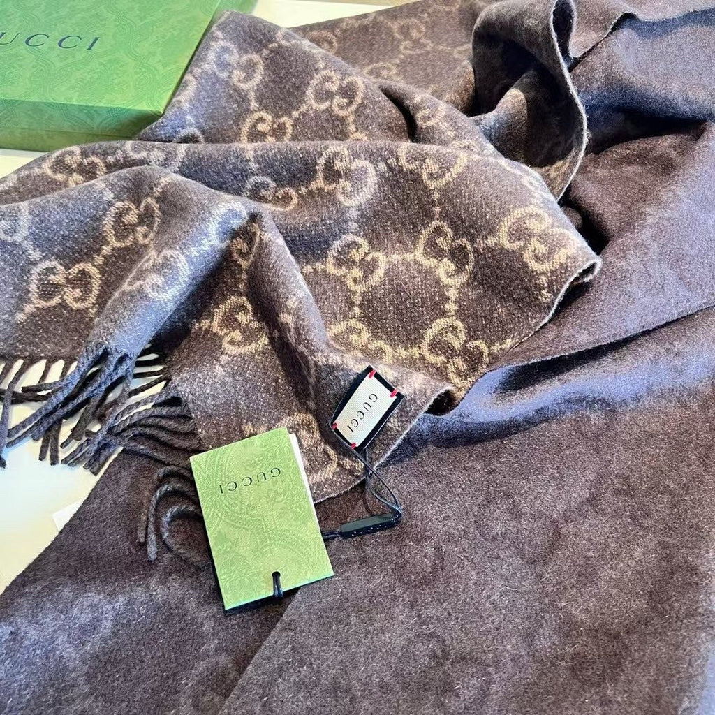 GUCCI SCARF 200 CM CHOCOLATE BROWN  CASHMERE JACQUARD 405133