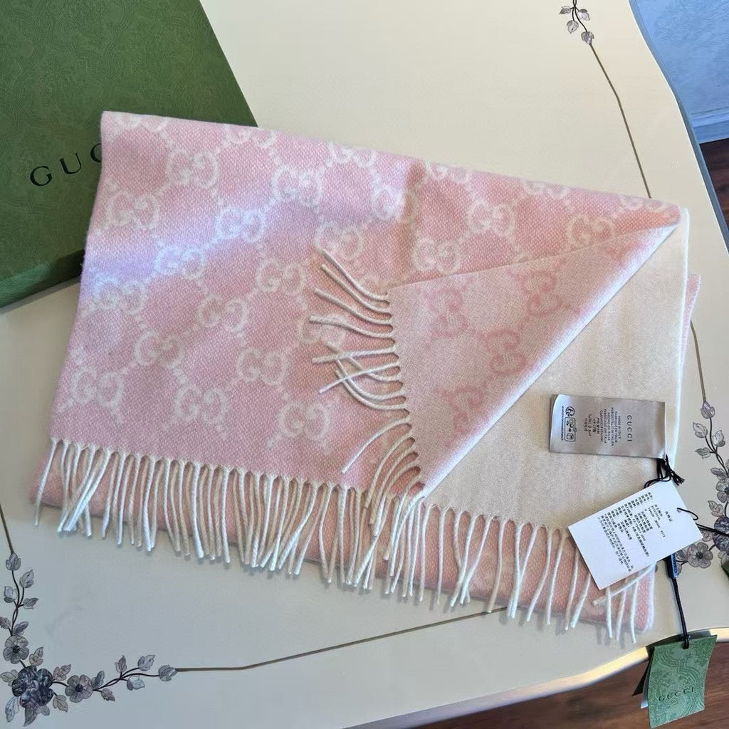 GUCCI SCARF 200 CM LIGHT PINK AND IVORY  CASHMERE JACQUARD 405134