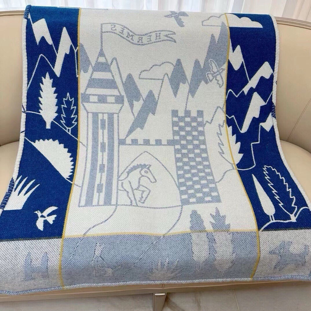 HERMES AVALON EPOPEE BLANKET 140 CM IN COBALT BLUE WOOL AND CASERE 415188