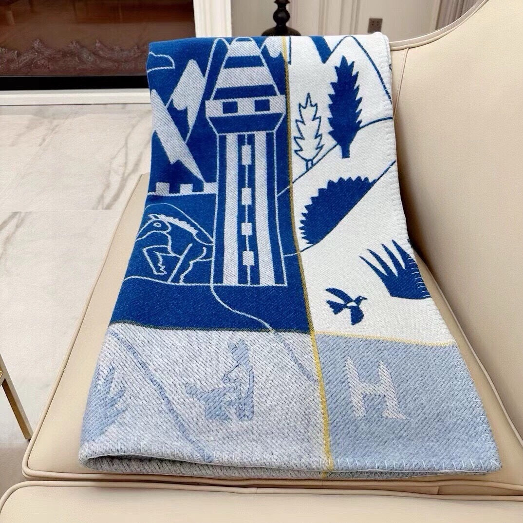 HERMES AVALON EPOPEE BLANKET 140 CM IN COBALT BLUE WOOL AND CASERE 415188