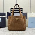 PRADA TOTE BAG 25 IN CHERRY WOOD SUEDE GOLD LOGO