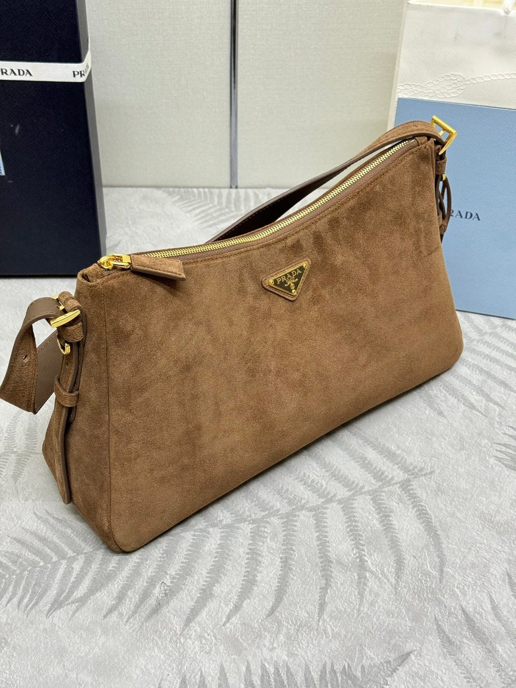 PRADA 25S AIMEE SHOULDER BAG 39 IN BROWN SUEDE