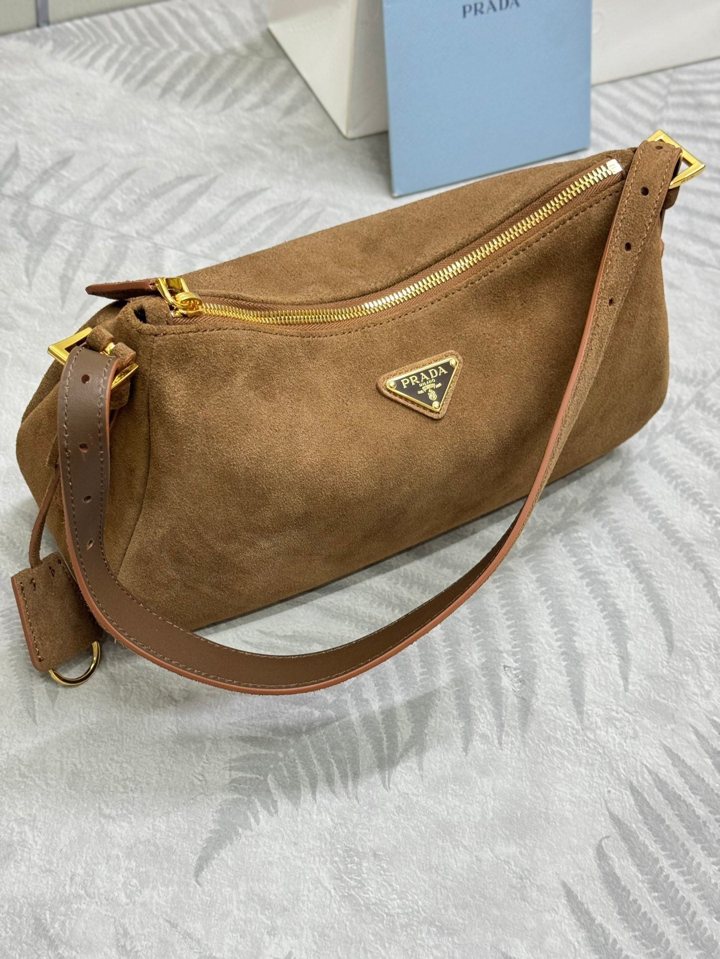 PRADA 25S AIMEE MEDIUM SHOULDER BAG 31 IN BROWN SUEDE