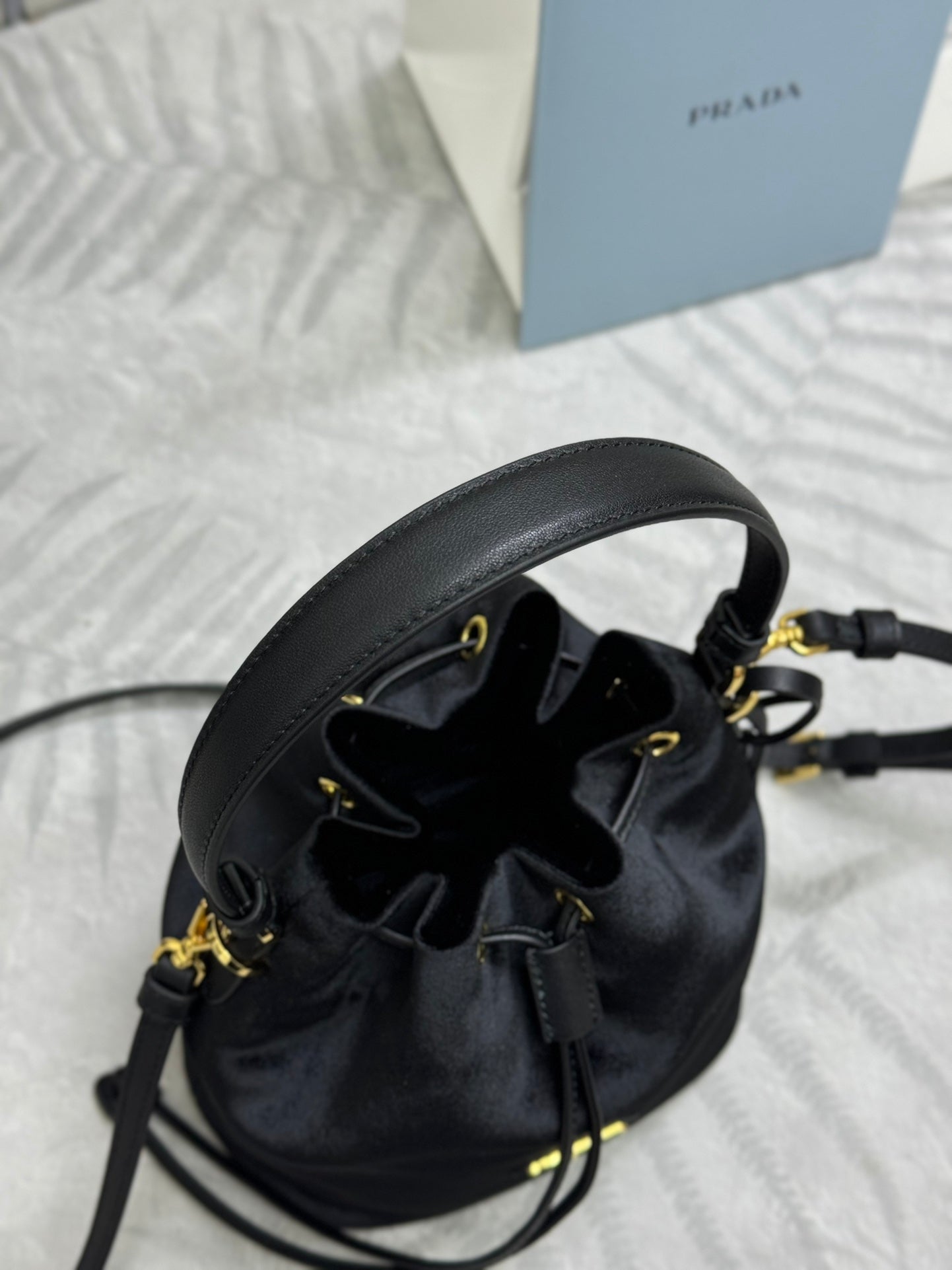 PRADA 25S BUCKET BAG 19 IN BLACK VELVET GOLD HARDWARE