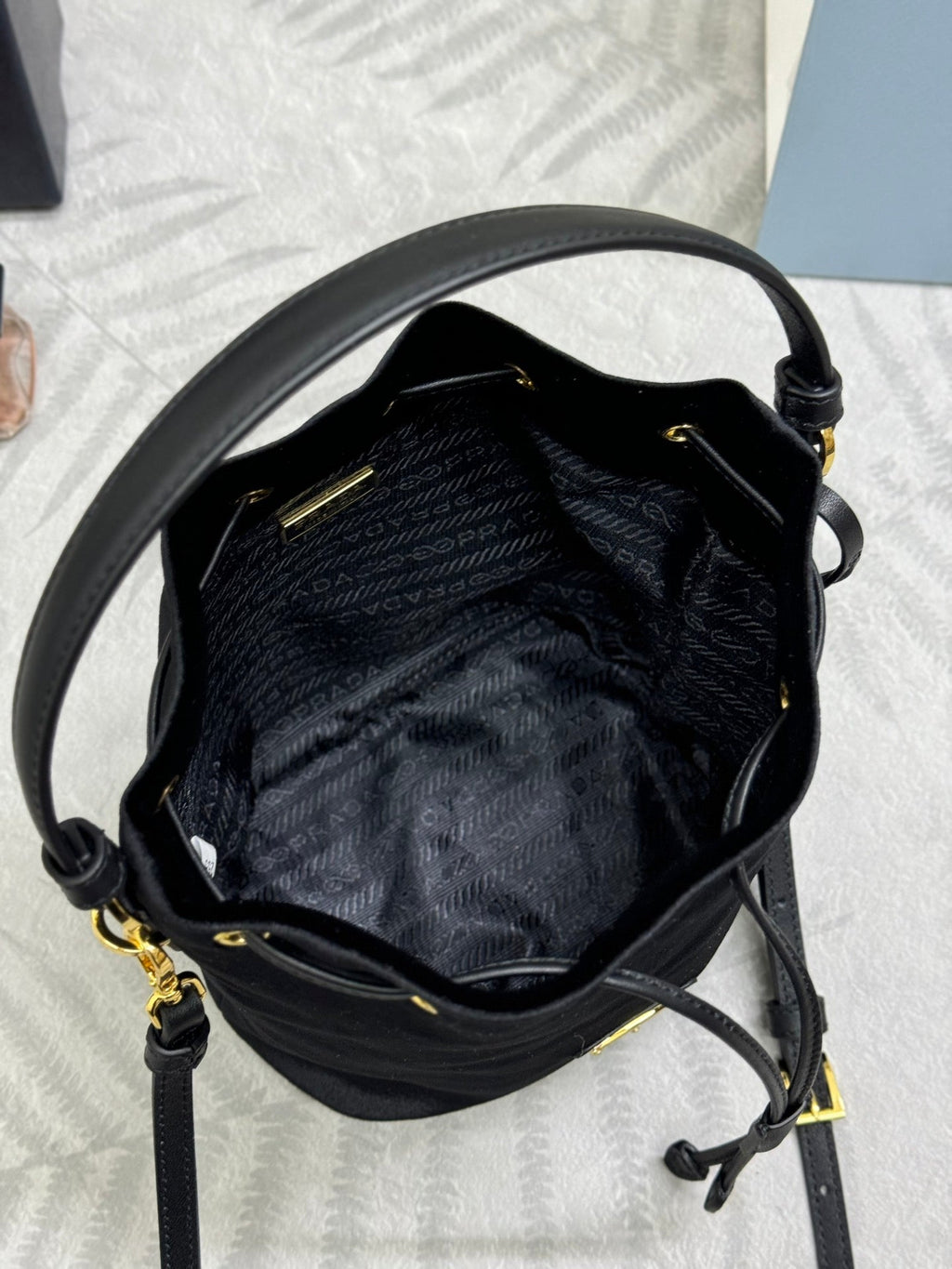PRADA 25S BUCKET BAG 19 IN BLACK VELVET GOLD HARDWARE
