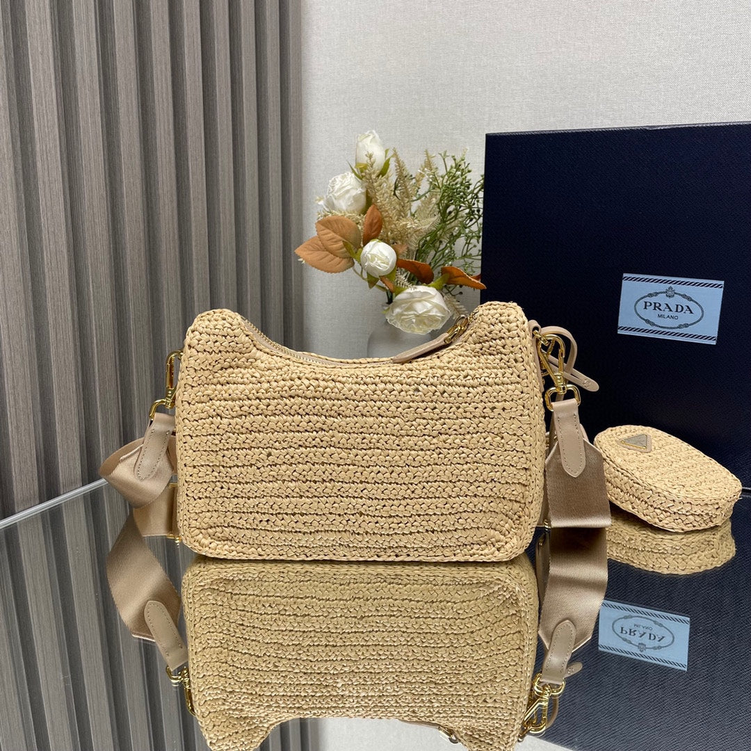 PRADA WOVEN HOBO BAG 23 IN BEIGE RAFFIA GOLD HARDWARE TRIANGLE LOGO