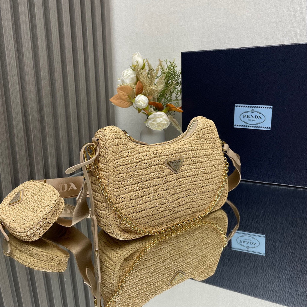 PRADA WOVEN HOBO BAG 23 IN BEIGE RAFFIA GOLD HARDWARE TRIANGLE LOGO