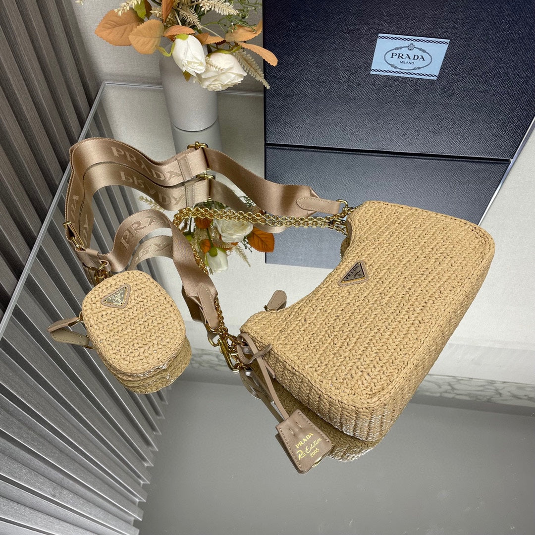 PRADA WOVEN HOBO BAG 23 IN BEIGE RAFFIA GOLD HARDWARE TRIANGLE LOGO