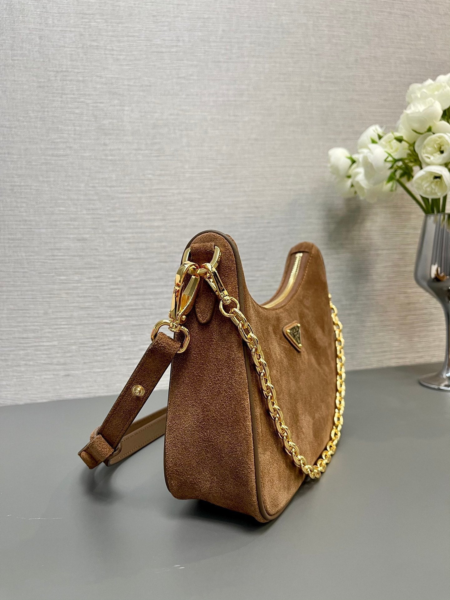 PRADA HOBO BAG 23 IN RUSSET BROWN SUEDE GOLD CHAIN