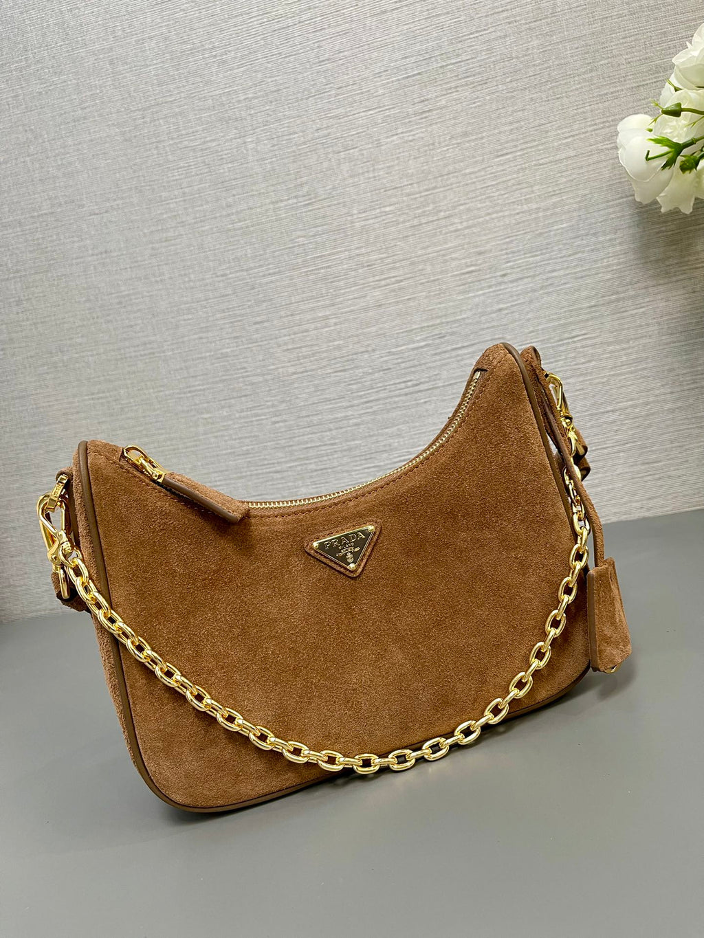PRADA HOBO BAG 23 IN RUSSET BROWN SUEDE GOLD CHAIN