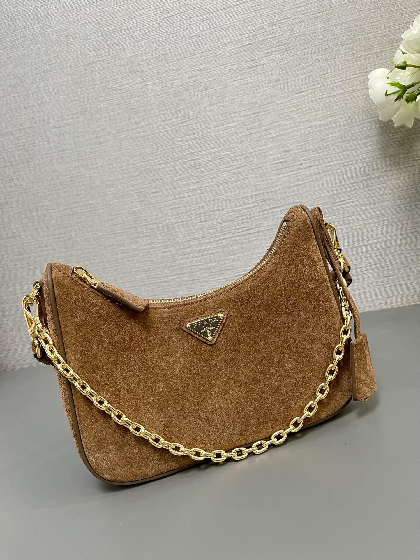 PRADA HOBO BAG 23 IN RUSSET BROWN SUEDE GOLD CHAIN