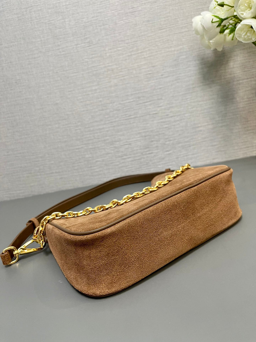 PRADA HOBO BAG 23 IN RUSSET BROWN SUEDE GOLD CHAIN
