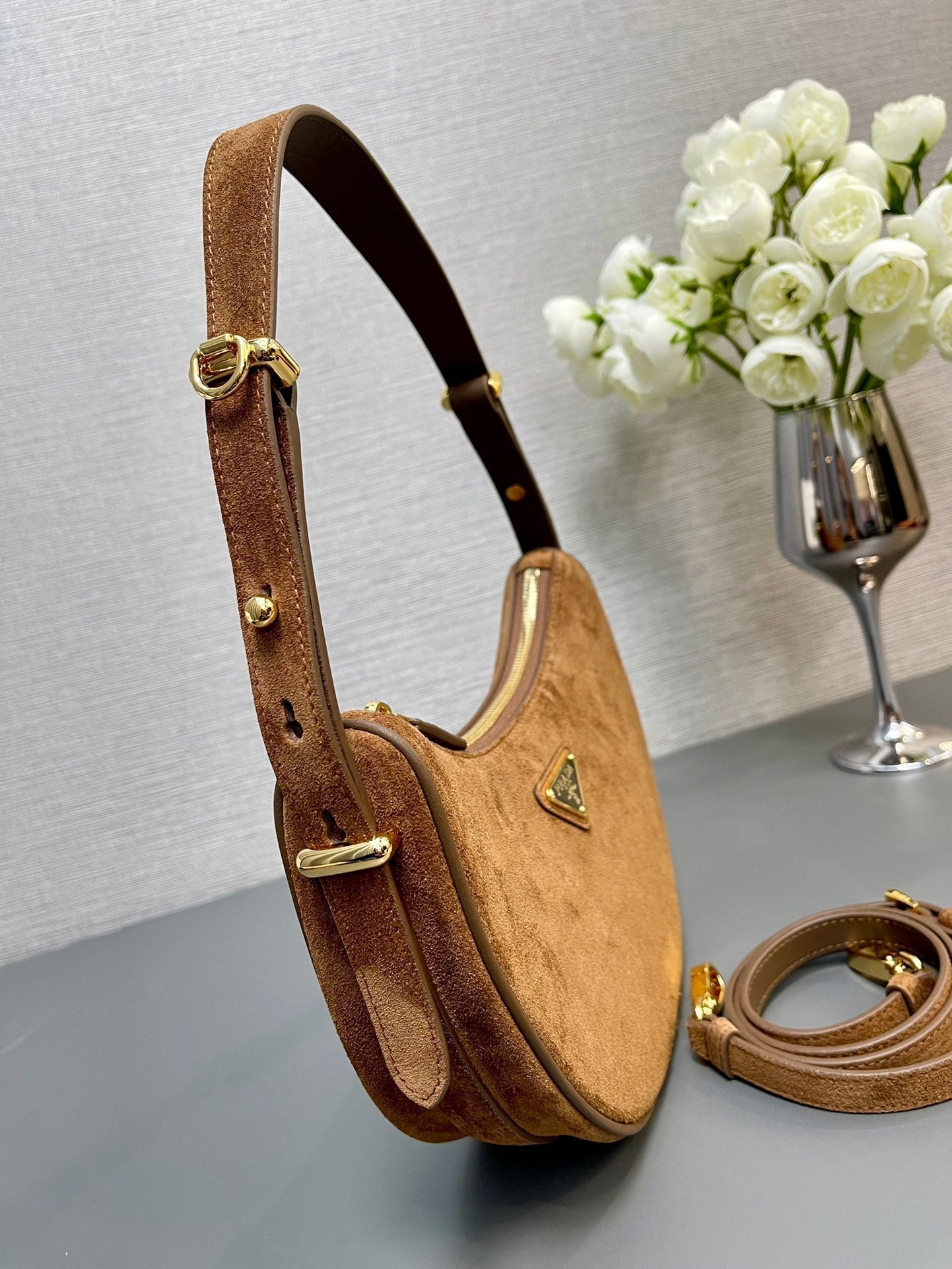 PRADA MOON HANDBAG 22 IN RUSSET BROWN SUEDE