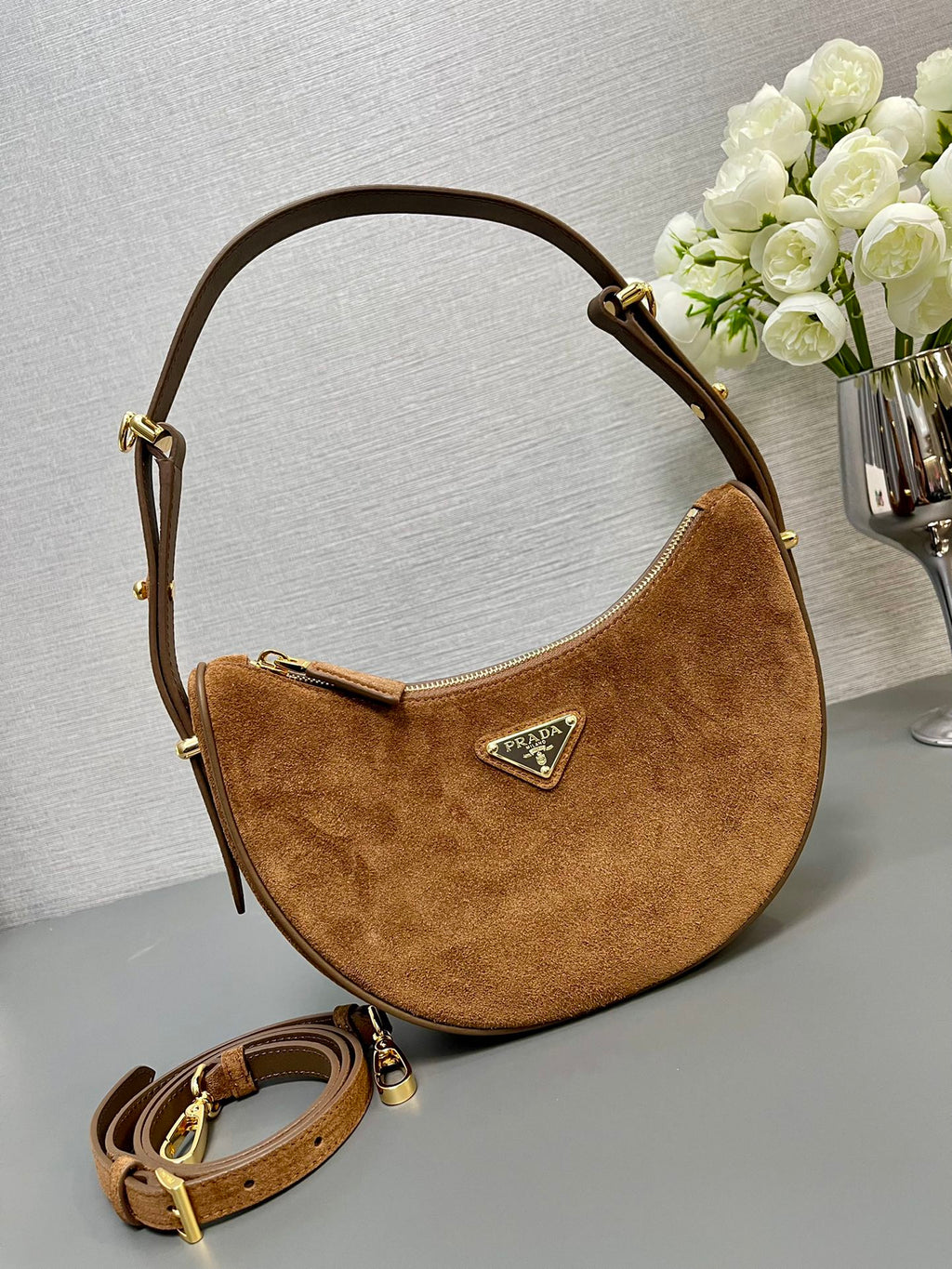 PRADA MOON HANDBAG 22 IN RUSSET BROWN SUEDE