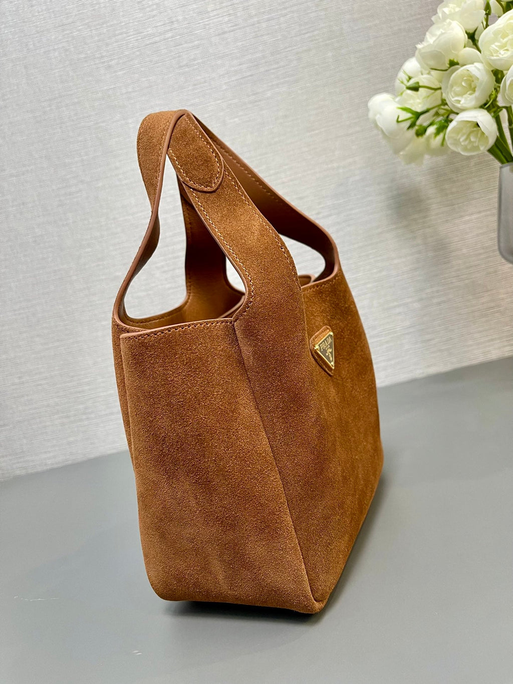 PRADA MINI TOTE BAG 18 IN RED BROWN SUEDE GOLD LOGO