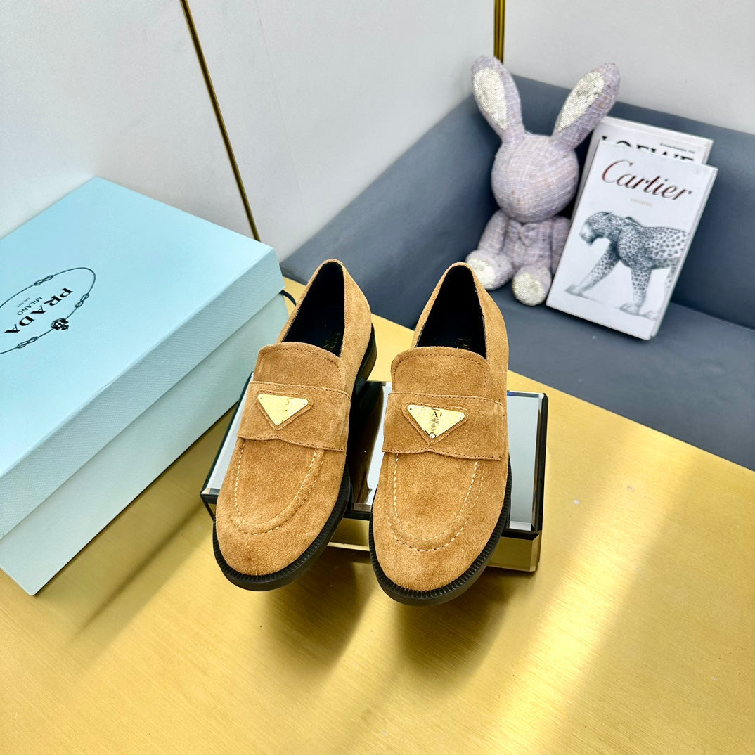 PRADA LOAFERS ATTACHED TRIANGLE LOGO IN PEANUT BROWN SUEDE