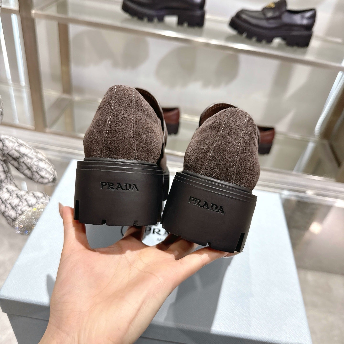PRADA 25S THICK-SOLE LOAFERS 60 MM IN RK BROWN SUEDE