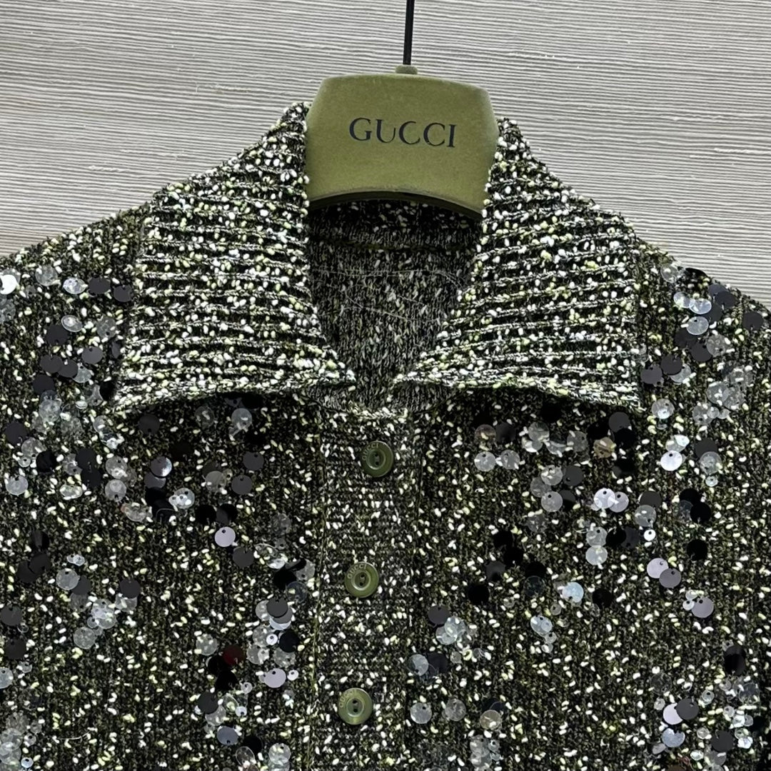 GUCCI Gucci Knitted Polo Short-sleeved Top Green Wool