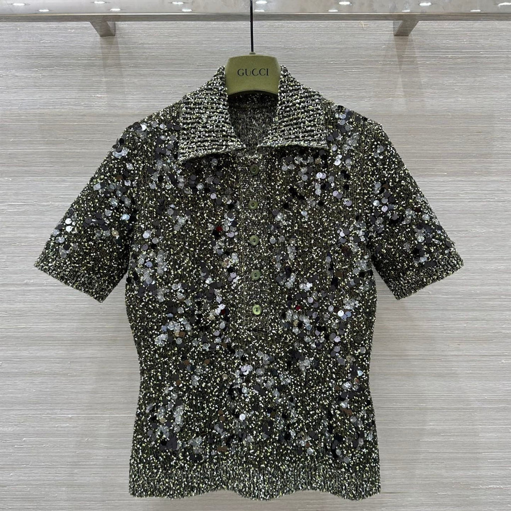 GUCCI Gucci Knitted Polo Short-sleeved Top Green Wool