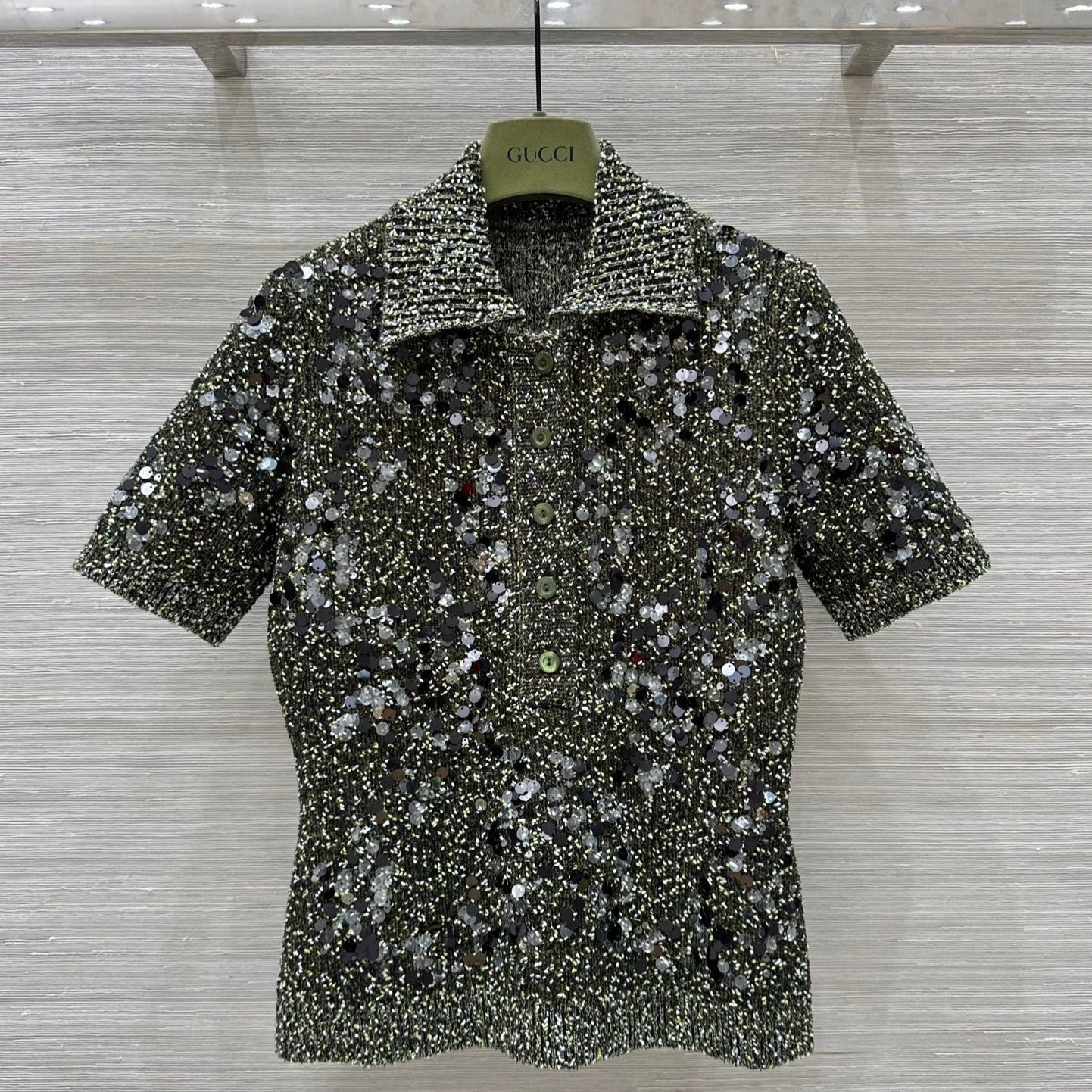 GUCCI Gucci Knitted Polo Short-sleeved Top Green Wool