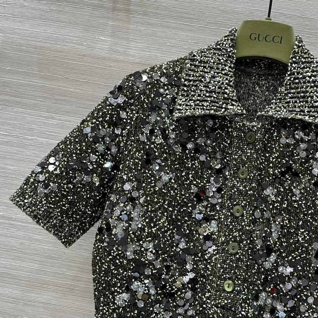 GUCCI Gucci Knitted Polo Short-sleeved Top Green Wool