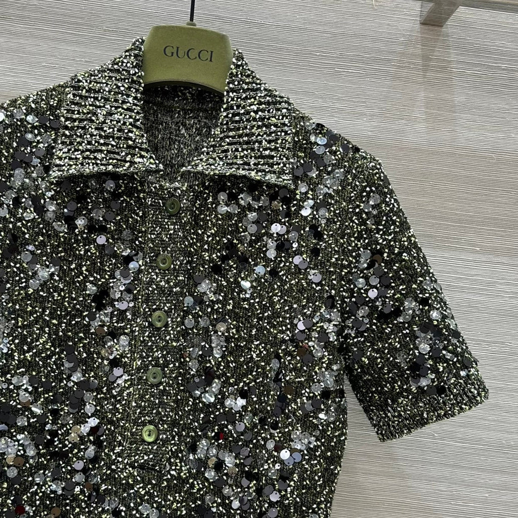 GUCCI Gucci Knitted Polo Short-sleeved Top Green Wool