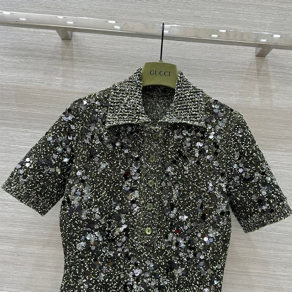 GUCCI Gucci Knitted Polo Short-sleeved Top Green Wool