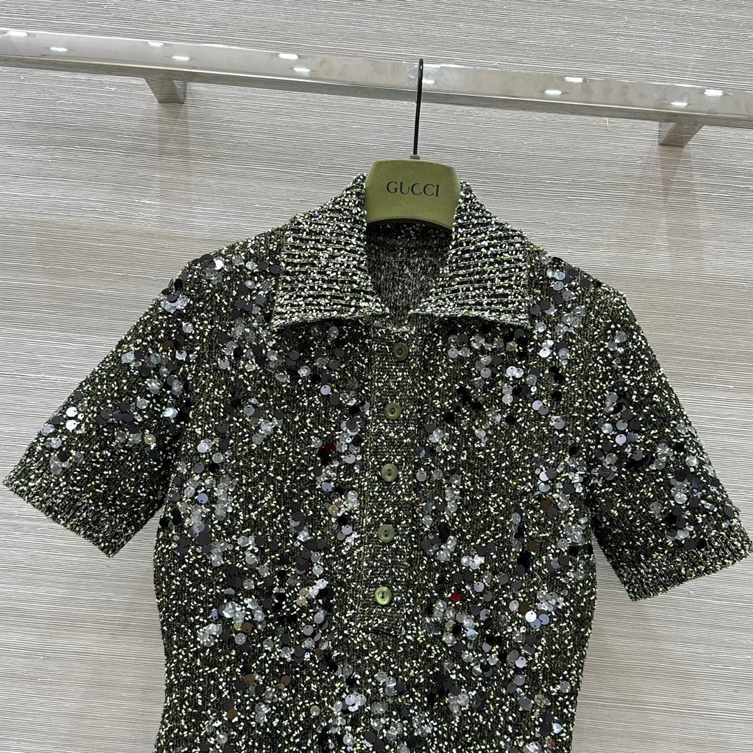 GUCCI Gucci Knitted Polo Short-sleeved Top Green Wool