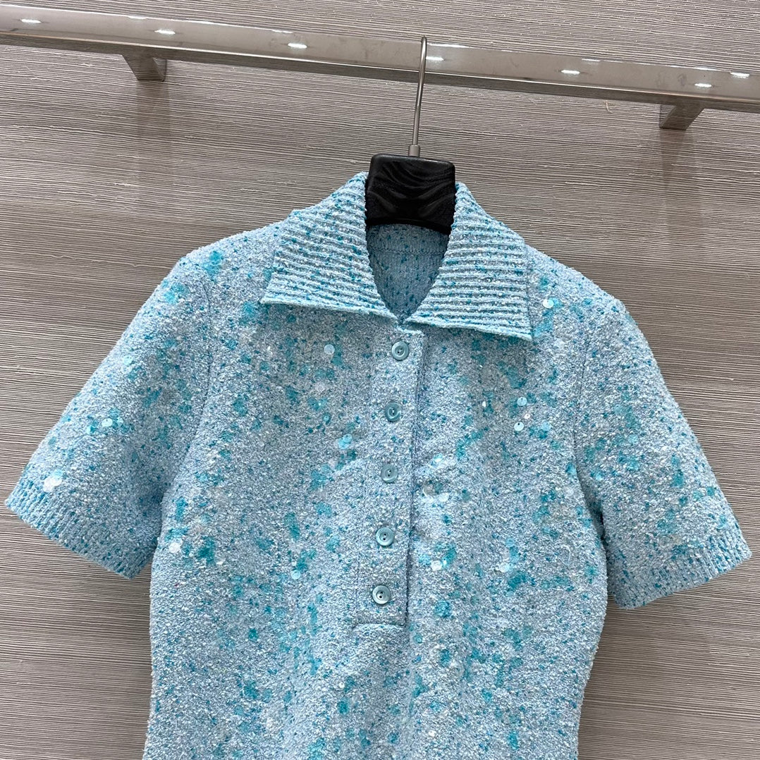 GUCCI Gucci Knitted Polo Short-sleeved Top Blue Wool