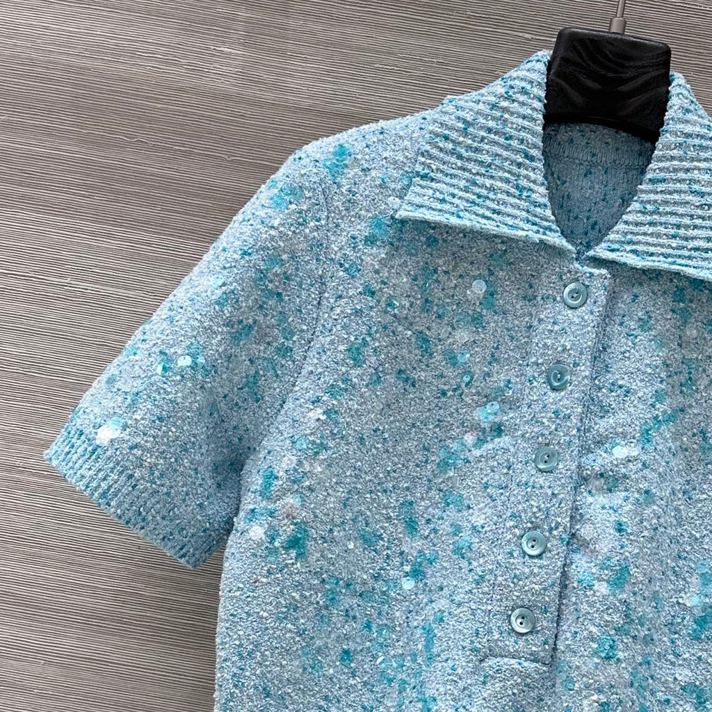 GUCCI Gucci Knitted Polo Short-sleeved Top Blue Wool