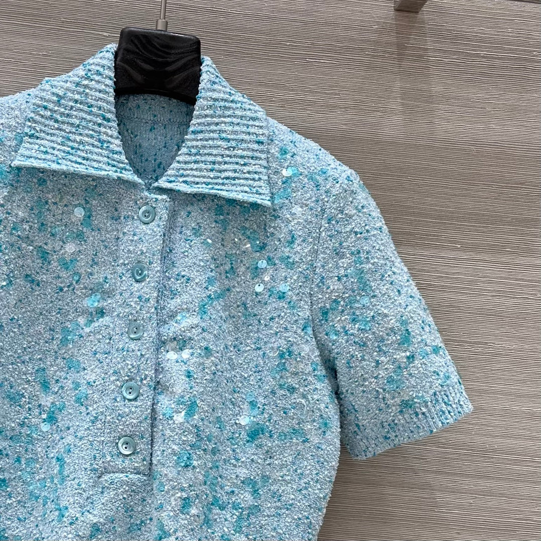 GUCCI Gucci Knitted Polo Short-sleeved Top Blue Wool