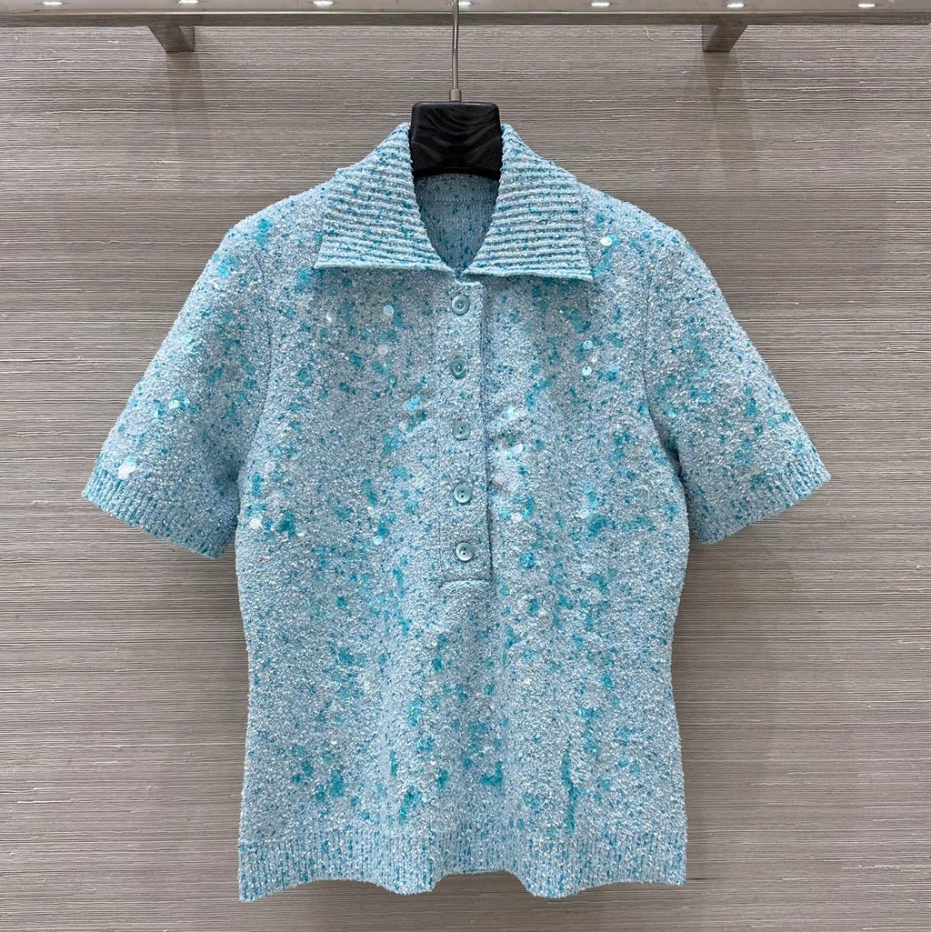GUCCI Gucci Knitted Polo Short-sleeved Top Blue Wool