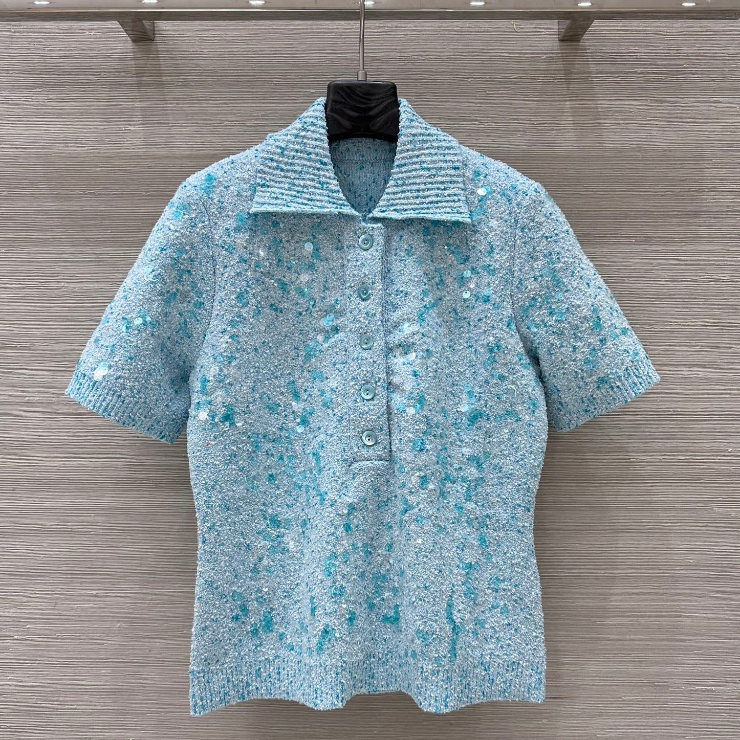 GUCCI Gucci Knitted Polo Short-sleeved Top Blue Wool