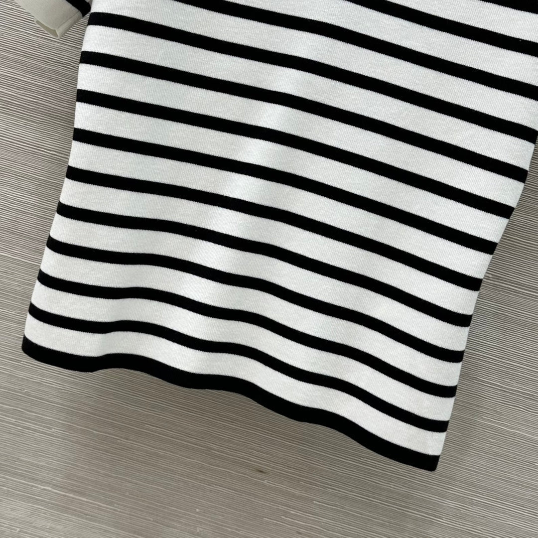 Loewe 25 Striped Knitted Polo Short-sleeved Top White Tencel