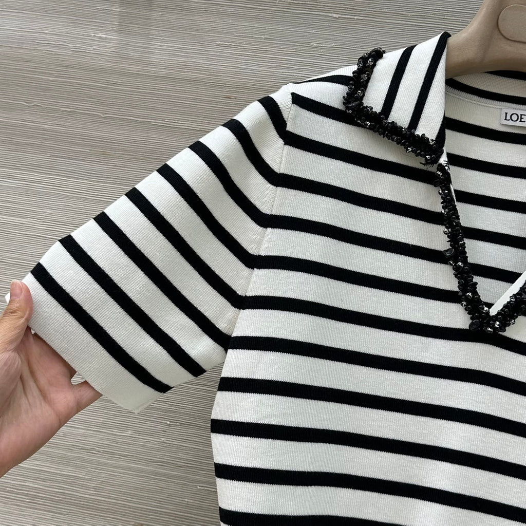 Loewe 25 Striped Knitted Polo Short-sleeved Top White Tencel