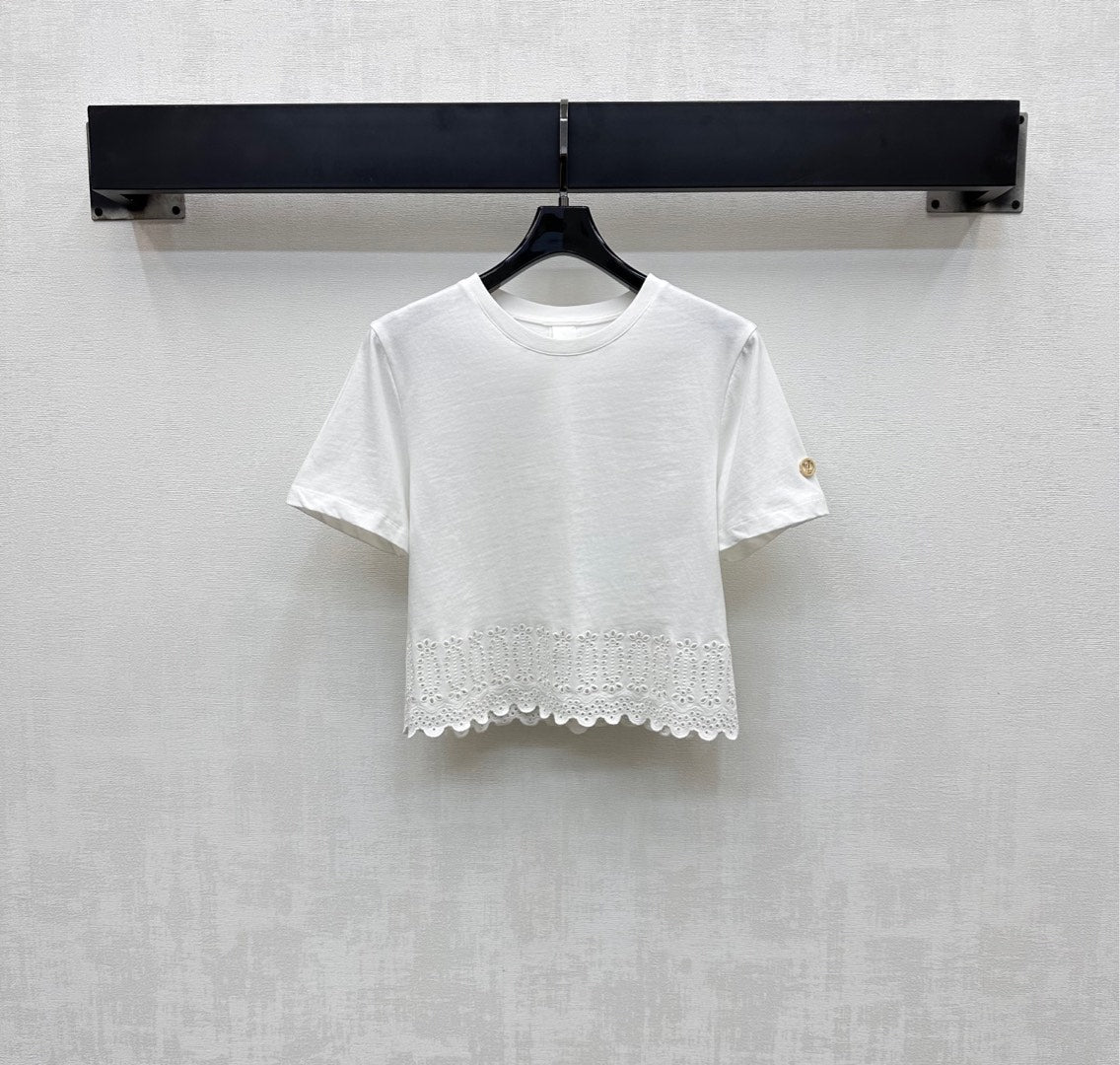 LOUIS VUITTON LV T-SHIRT WITH LACE-TRIMMED HEM