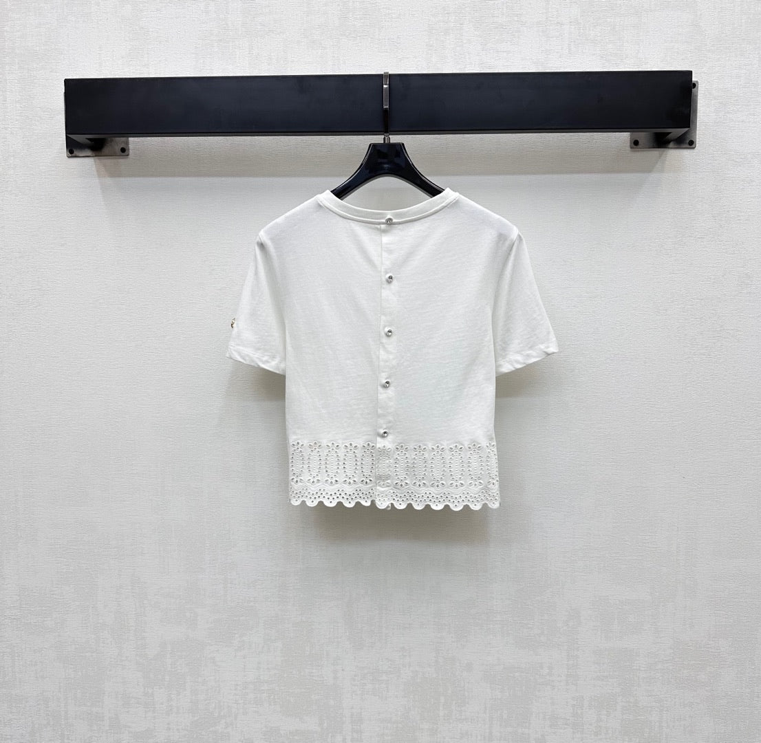 LOUIS VUITTON LV T-SHIRT WITH LACE-TRIMMED HEM