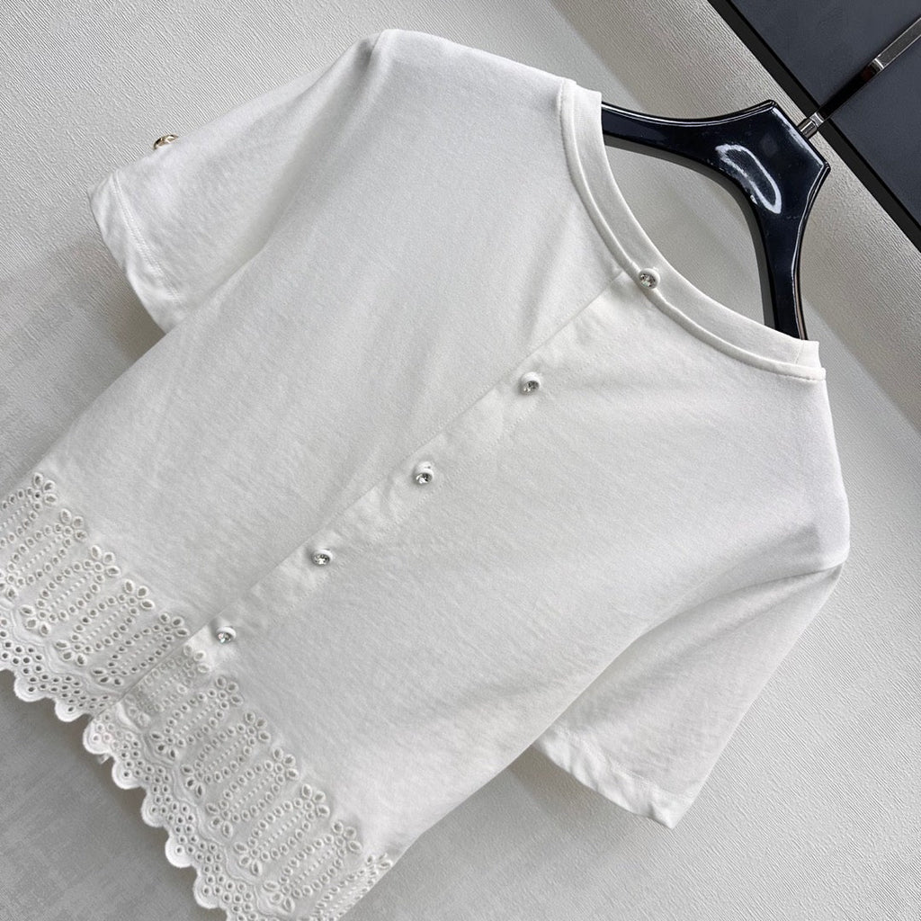 LOUIS VUITTON LV T-SHIRT WITH LACE-TRIMMED HEM