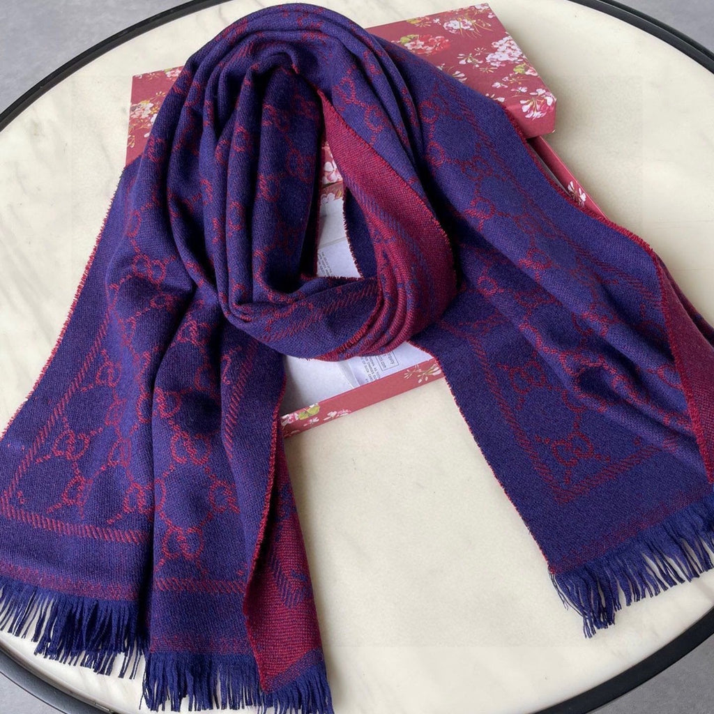 GUCCI SCARF 180 CM IN VIOLET PURPLE  PATTERN MONOGRAM WOOL 407526