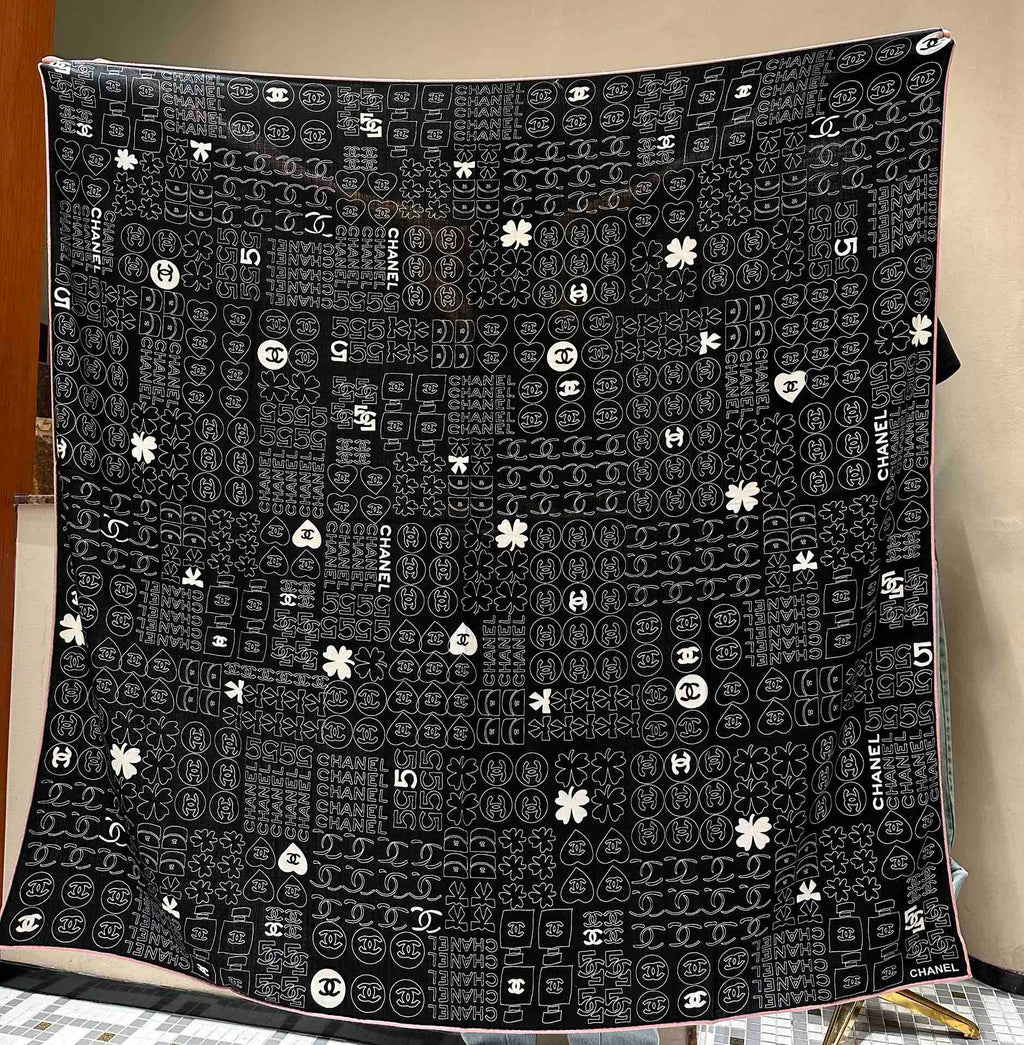 CHANEL SQUARE SCARF 140 CM IN BLACK MONOGRAM SILK 403999