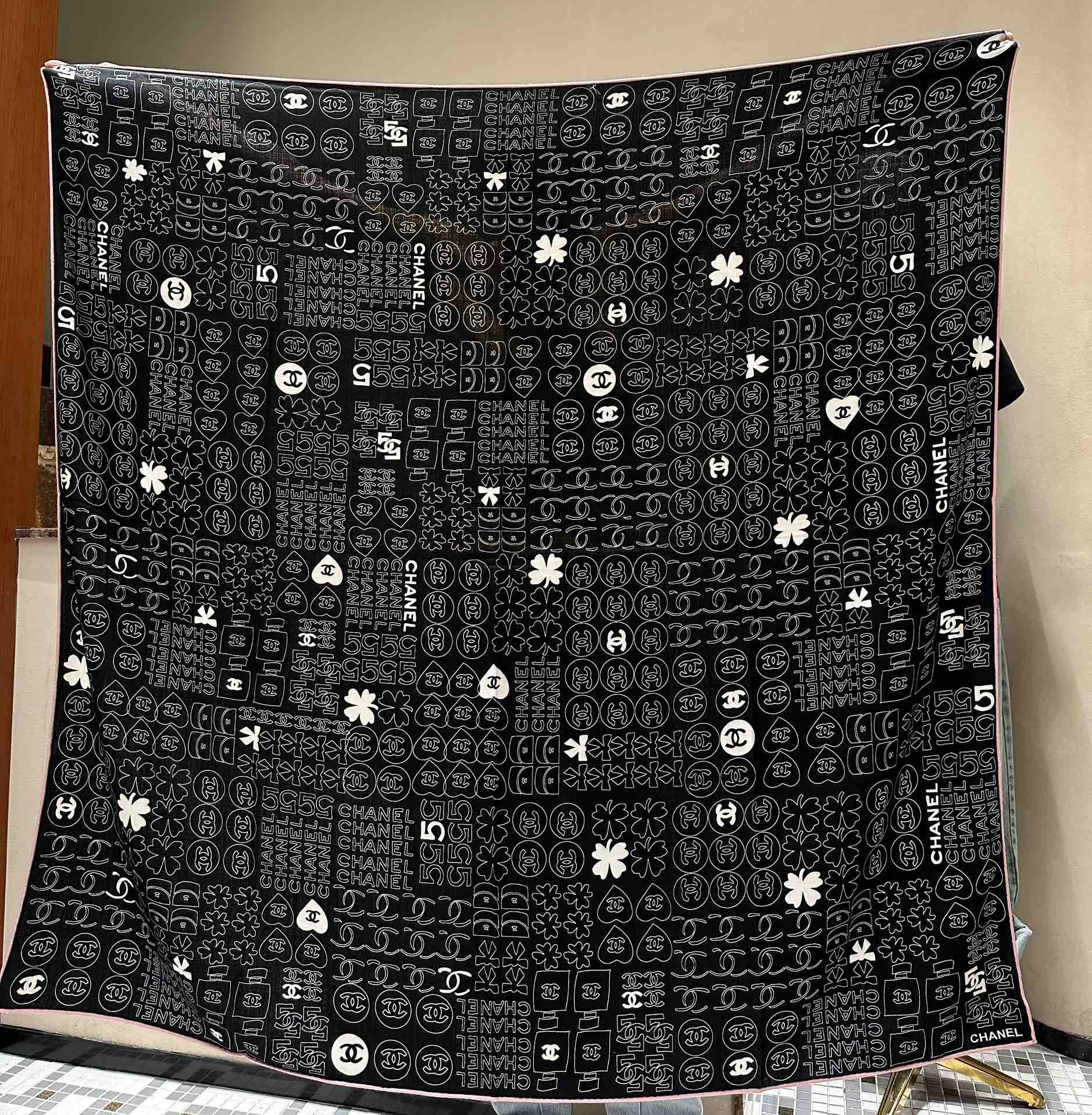 CHANEL SQUARE SCARF 140 CM IN BLACK MONOGRAM SILK 403999