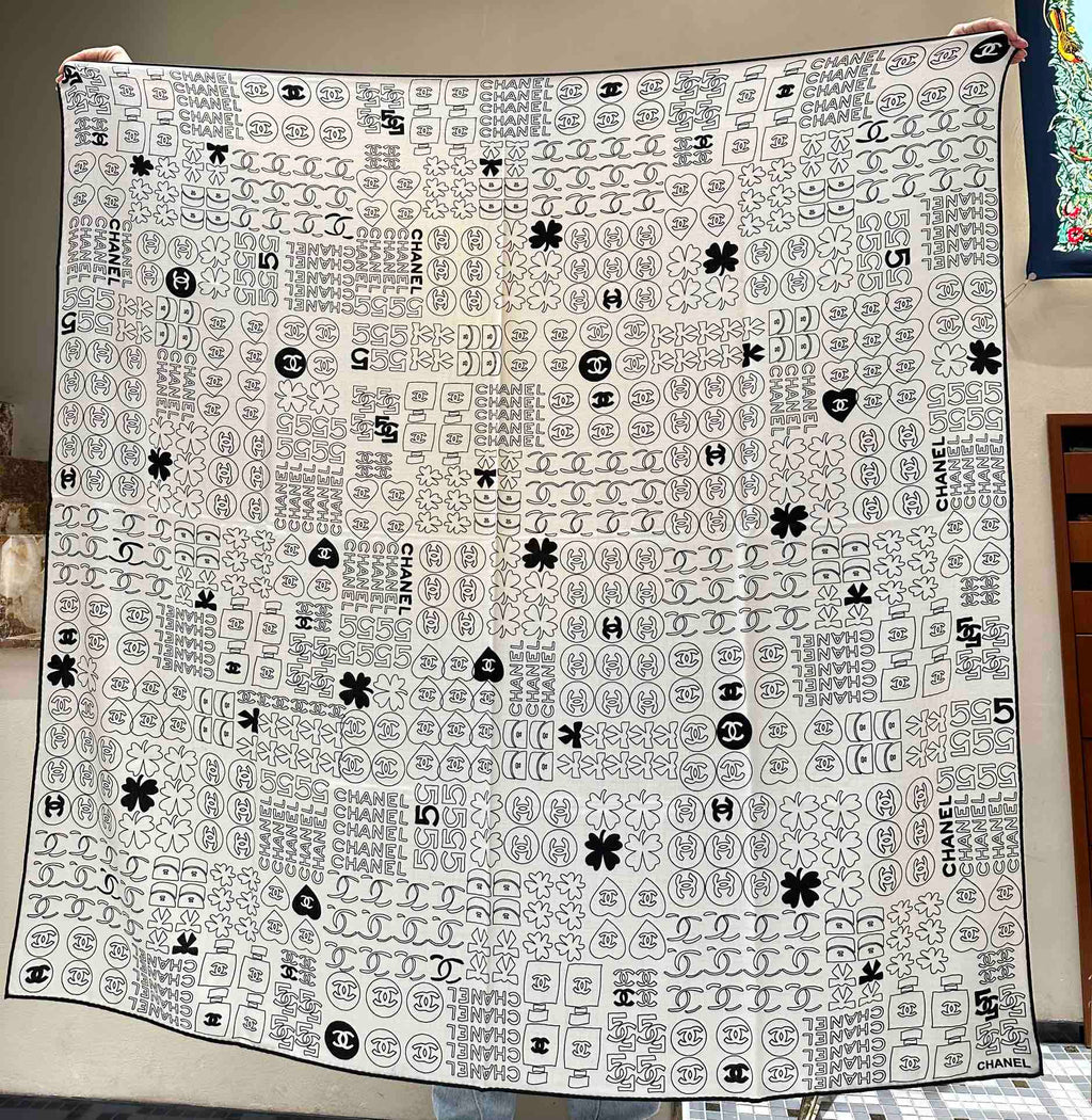 CHANEL SQUARE SCARF 140 CM IN WHITE MONOGRAM SILK 403998