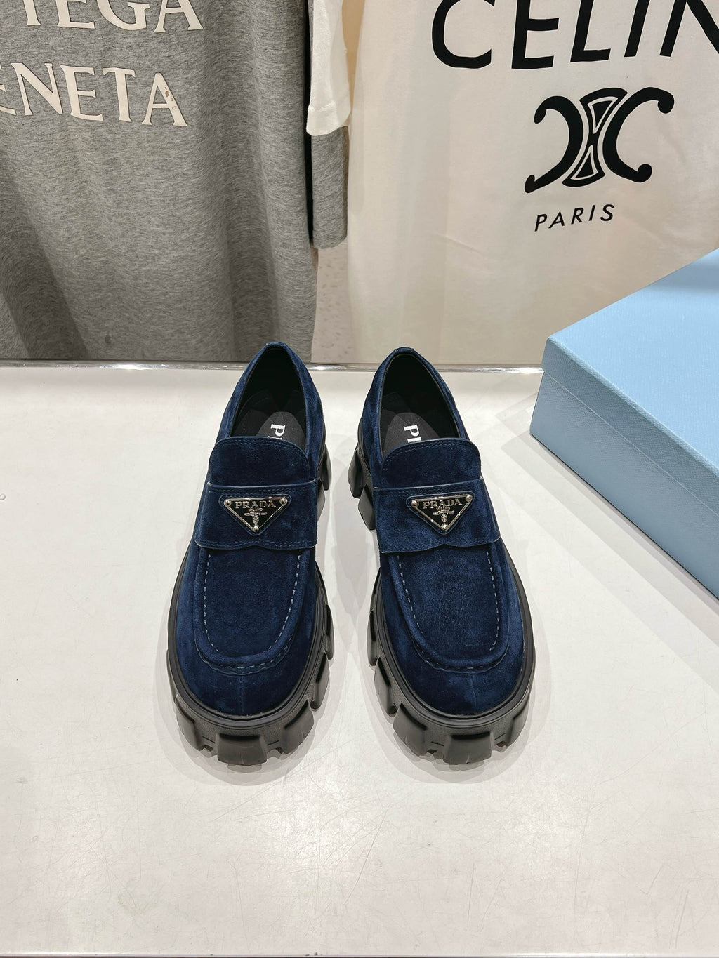 PRADA MONOLITH LOAFERS IN NAVY BLUE SUEDE