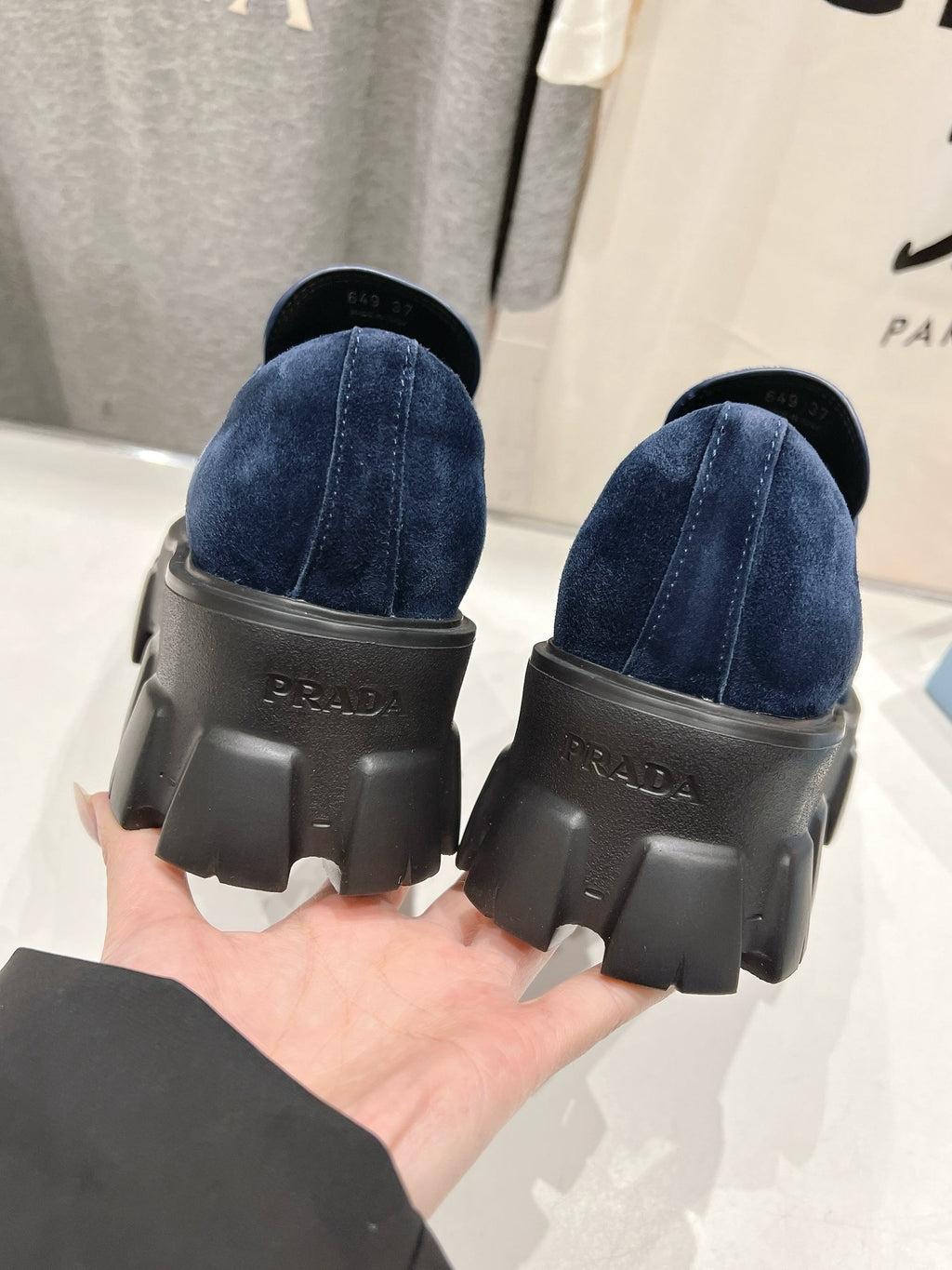 PRADA MONOLITH LOAFERS IN NAVY BLUE SUEDE