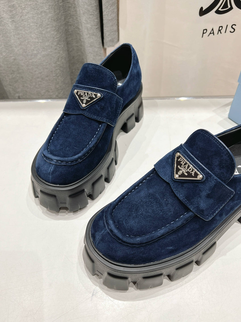 PRADA MONOLITH LOAFERS IN NAVY BLUE SUEDE