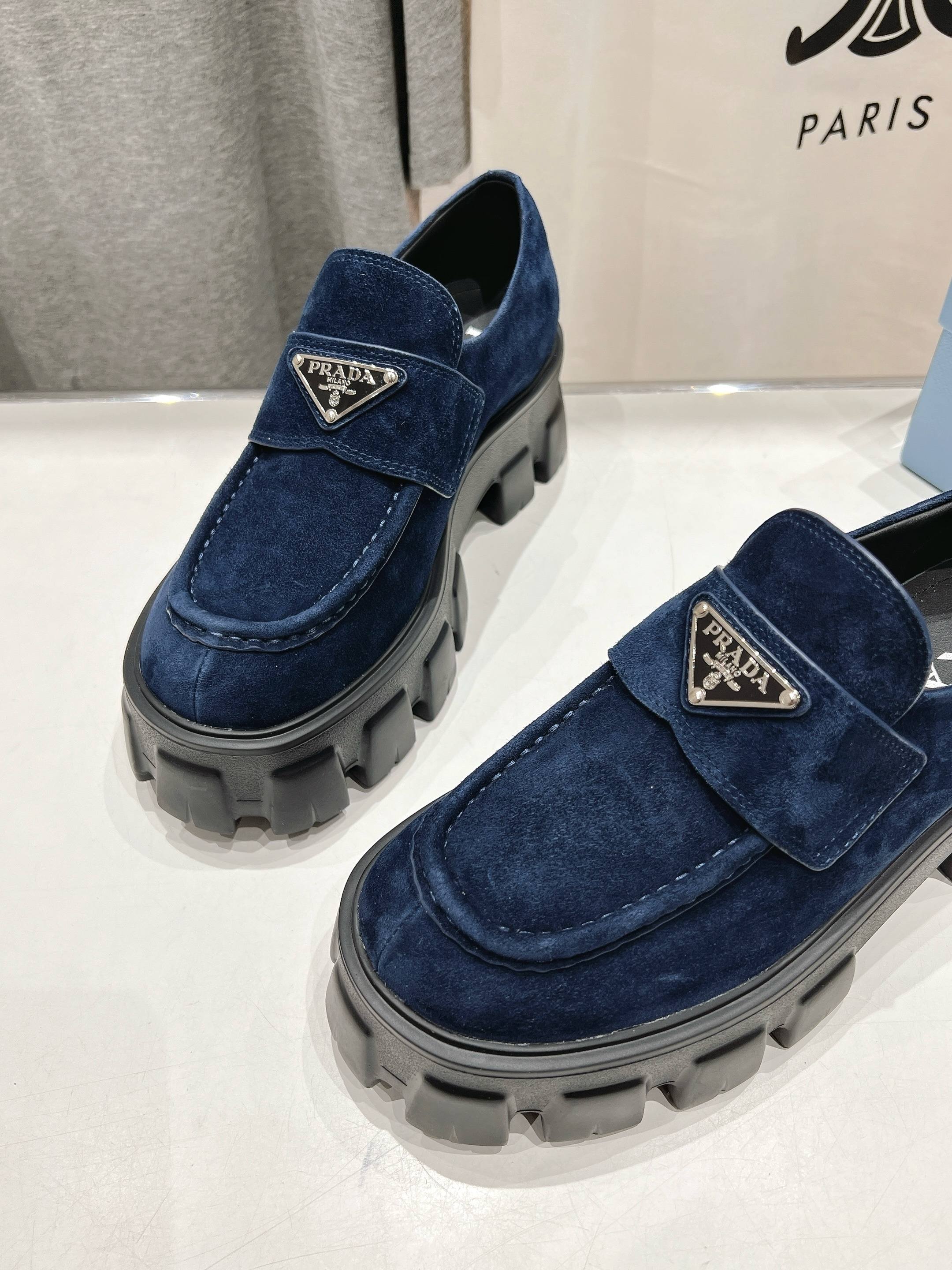 PRADA MONOLITH LOAFERS IN NAVY BLUE SUEDE