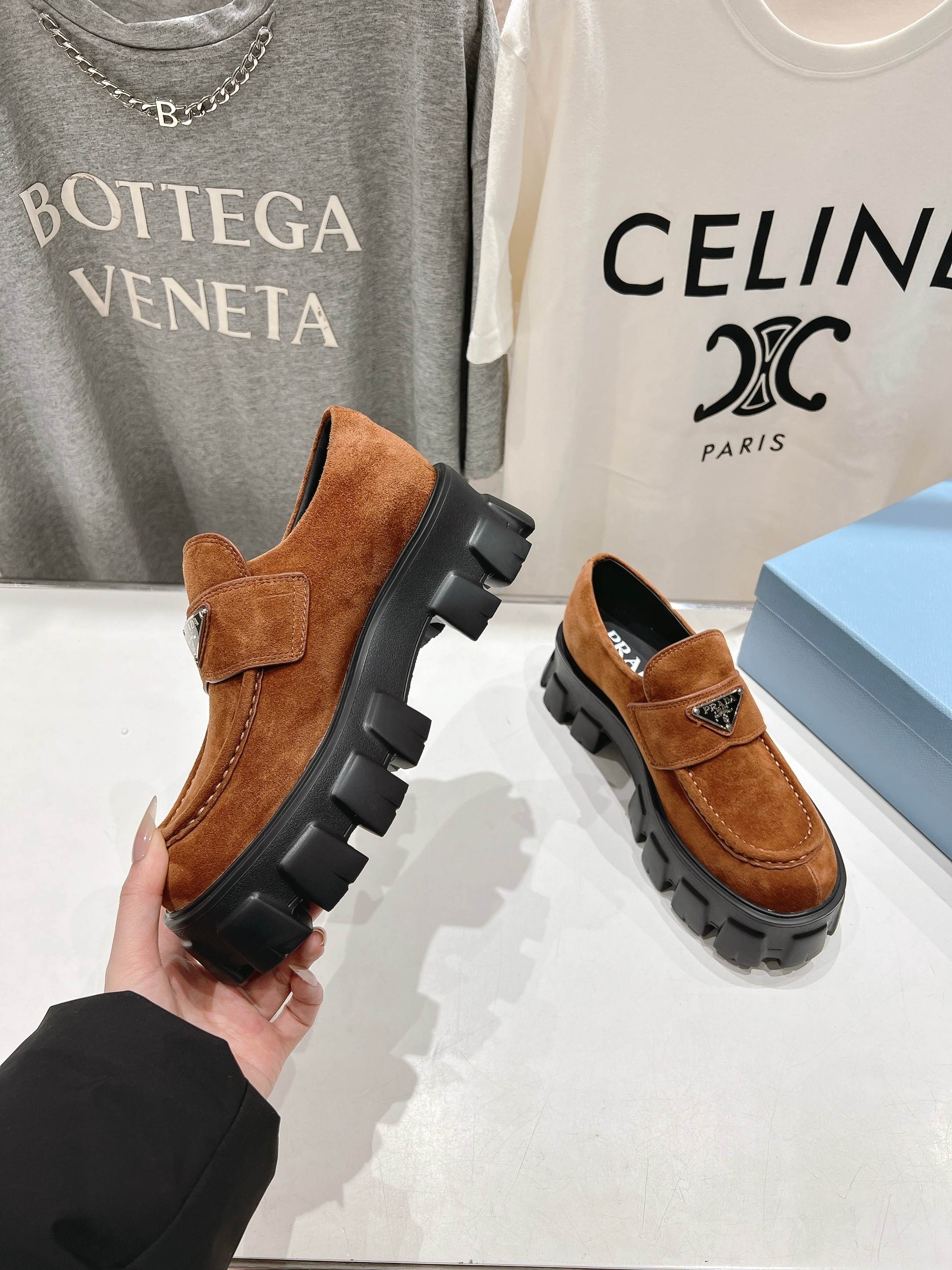 PRADA MONOLITH LOAFERS IN RED BROWN SUEDE